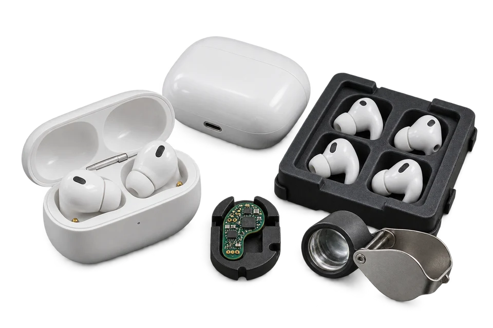 Earbud samples, charging cases, a circuit board and an inspection loupe.