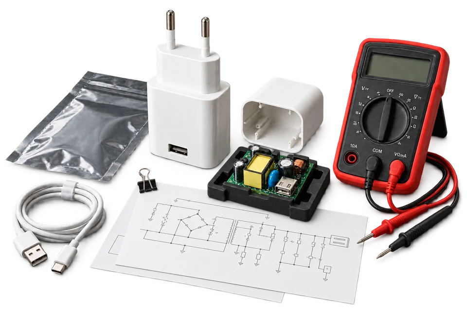 USB charger, matching circuit board and enclosure, test meter and technical sheets.