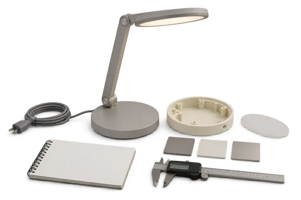 Desk-lamp sample, prototype base, diffuser, finish samples and a caliper.