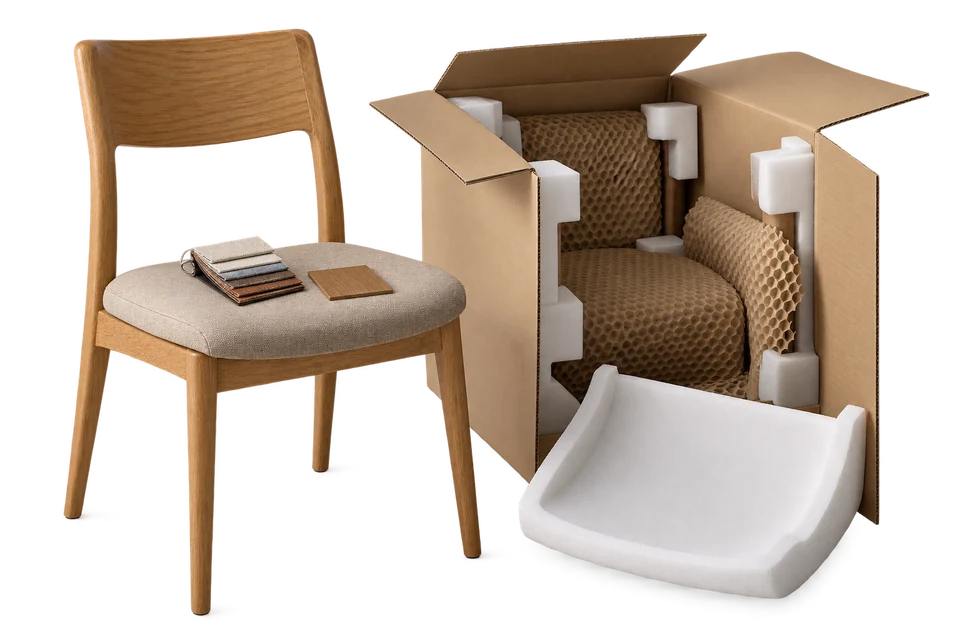 Oak dining chair, upholstery swatches and protective export packaging.