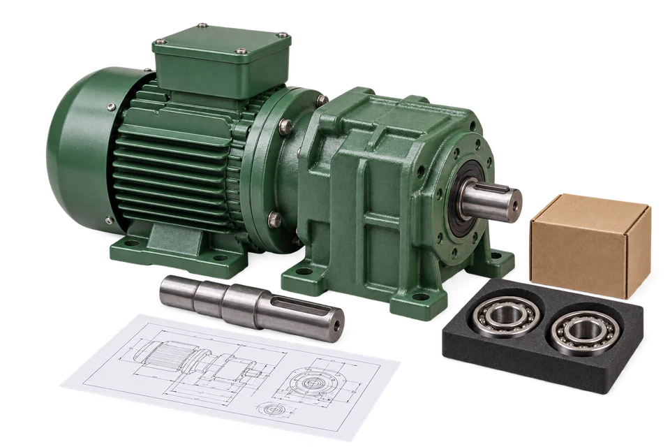 Industrial gearmotor, machined shaft, replacement bearings and a technical drawing.