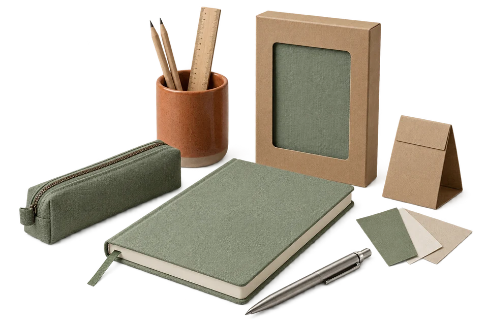 Coordinated stationery samples with a cloth notebook, pencil case and retail packaging.
