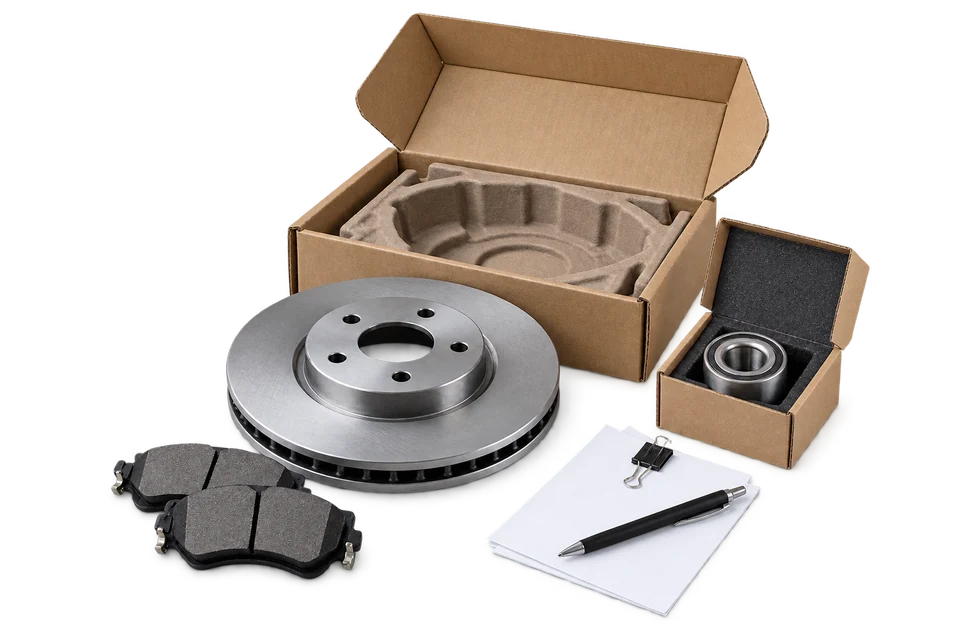 Brake disc, pads and bearing with fitted packaging and comparison worksheets.