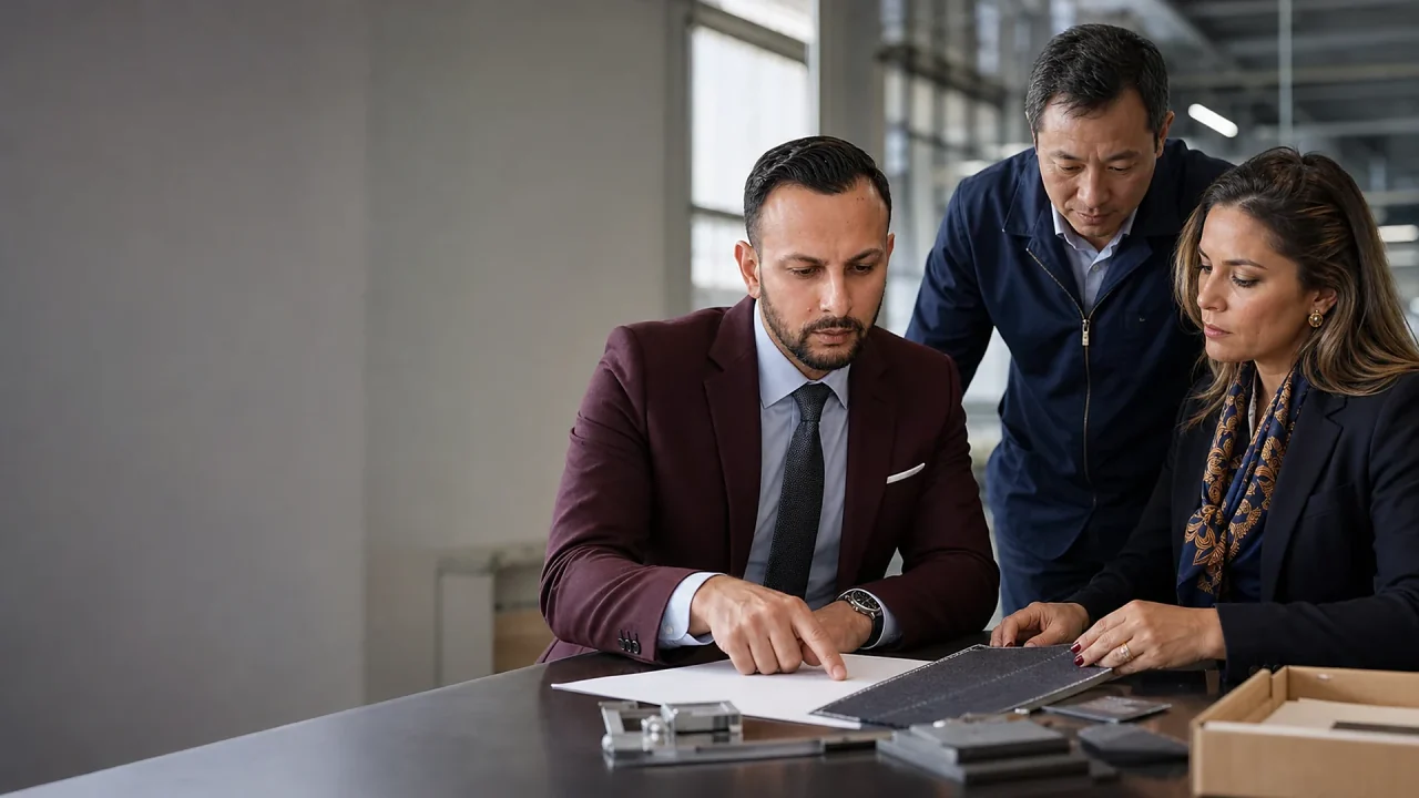 A sourcing team reviews product samples, materials and specifications at a meeting table.