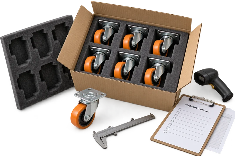 Orange industrial swivel casters in fitted foam packaging with a matching caster, caliper, barcode scanner and inspection checklist.