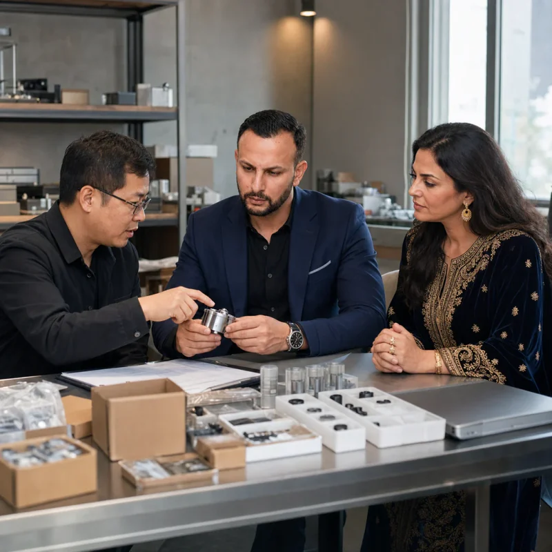 Sourcing specialists compare a machined component with product drawings, material samples and fitted protective packaging.
