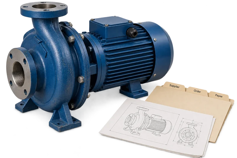 Blue centrifugal pump with mounting feet and bolted casing beside a matching product drawing and supplier, order and payee folders.