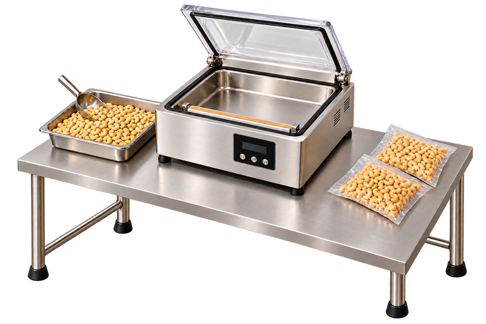 Cashew-packing equipment illustration with a stainless vacuum chamber, hinged acrylic lid, sealing bar, kernel tray and sealed pouches on a worktable