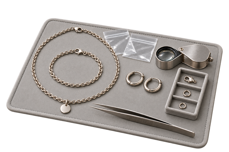Jewelry inspection illustration with a steel necklace, bracelet, hinged hoops, folding loupe, tweezers, sample pouches and spare clasps on an inspection mat